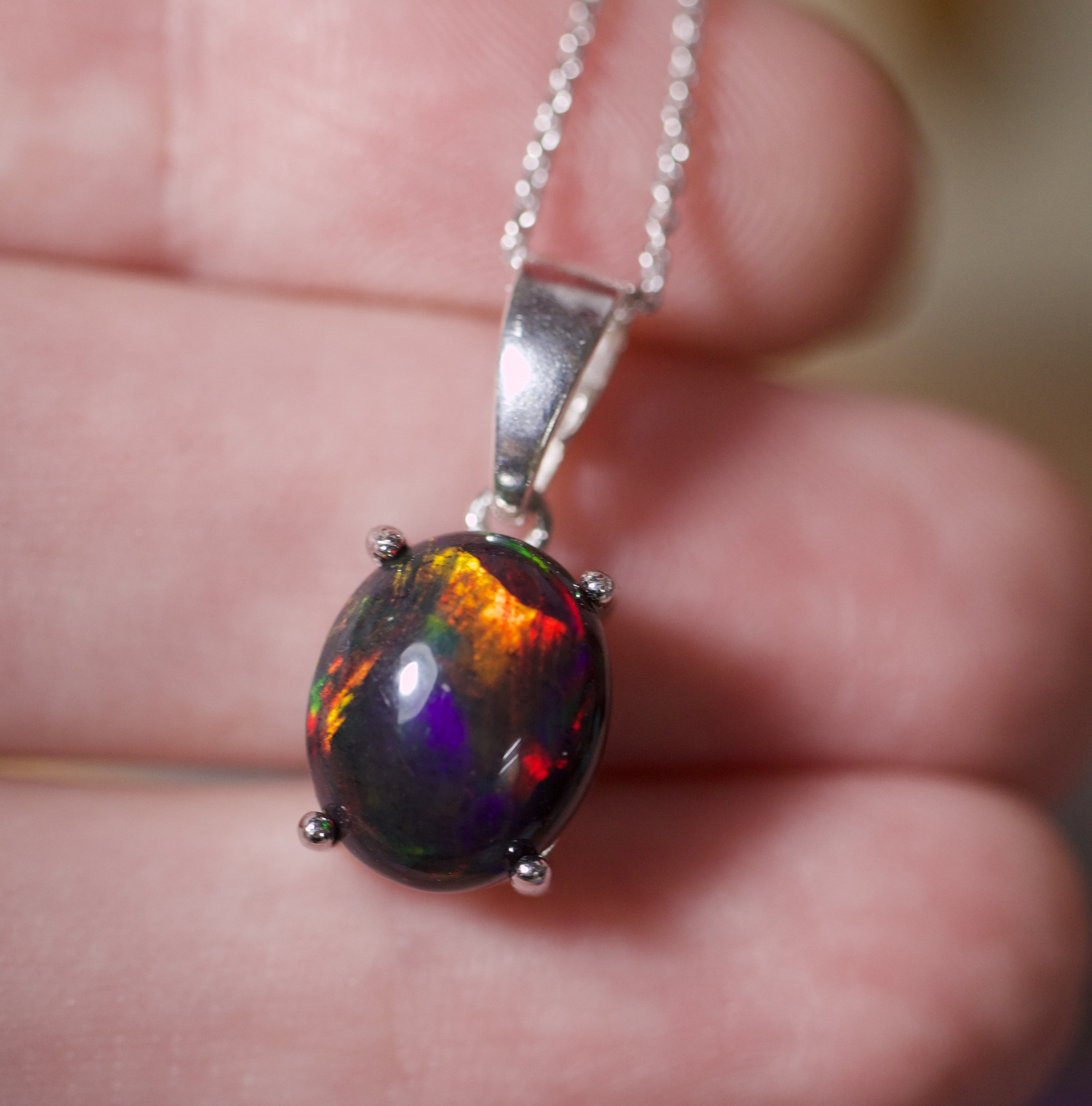 Black opal necklace, fire opal pendant, solid black opal, silver opal ...