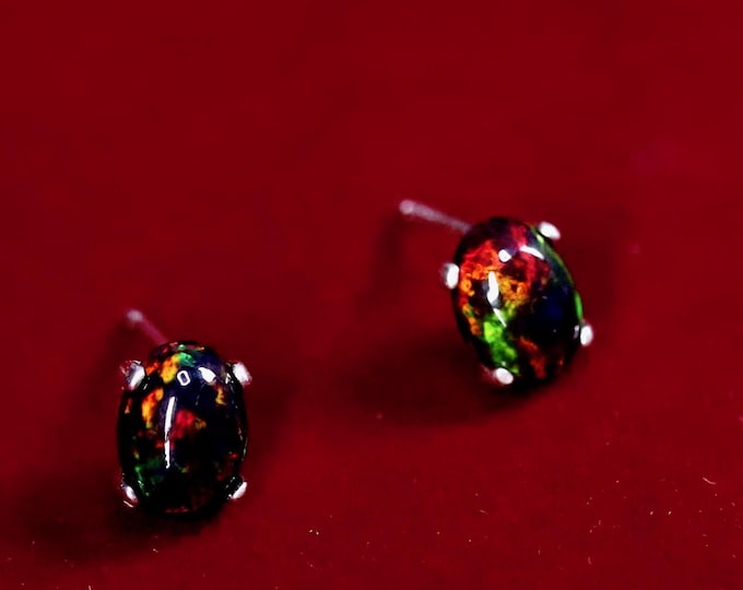 Silver Opal Stud Earrings made with Simple Dainty Stud Settings with Green and Red fire Genuine Black Opal/Silver Opal Earrings/opal studs