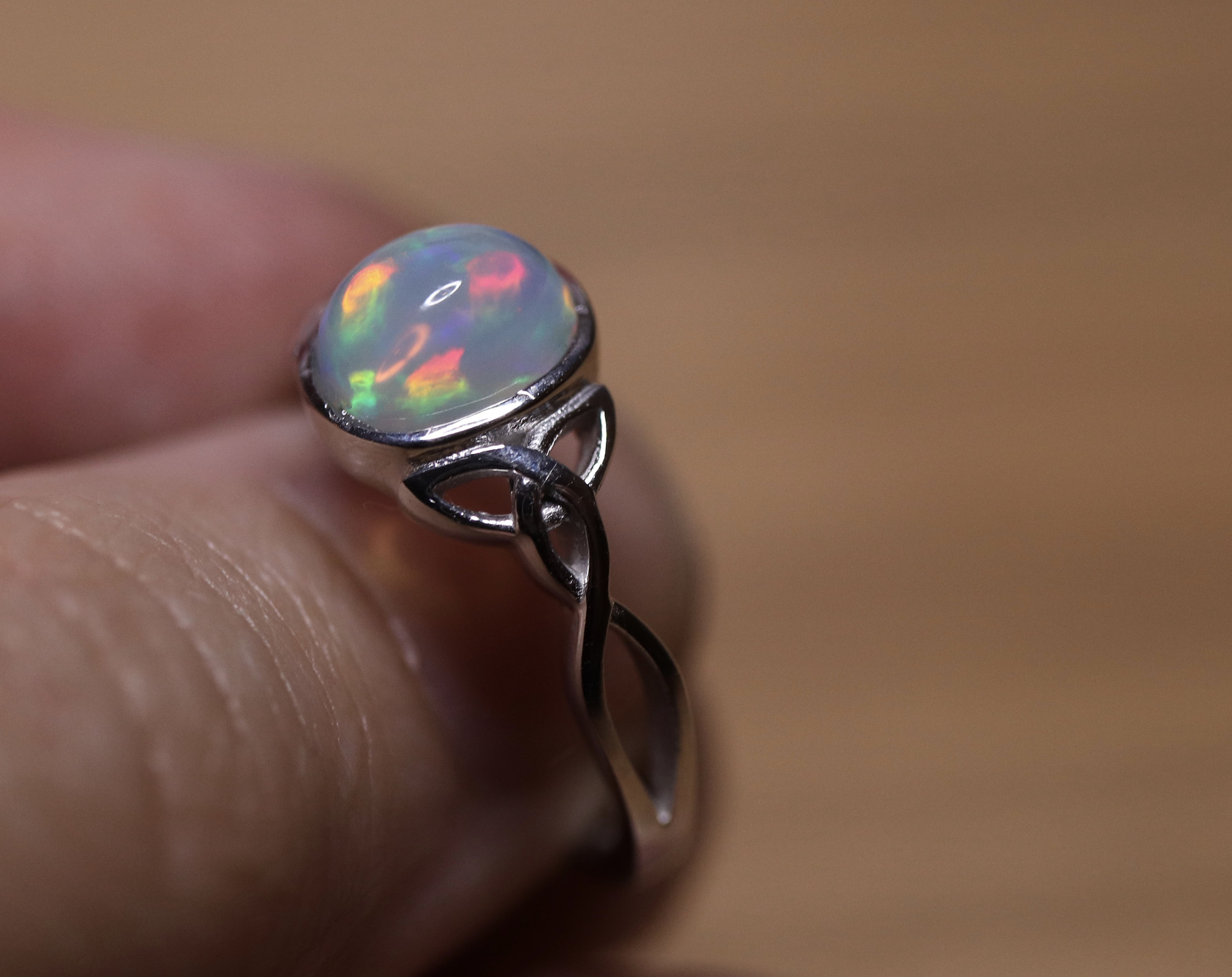 Fire opal ring, Celtic knot, natural opal, silver opal ring, white