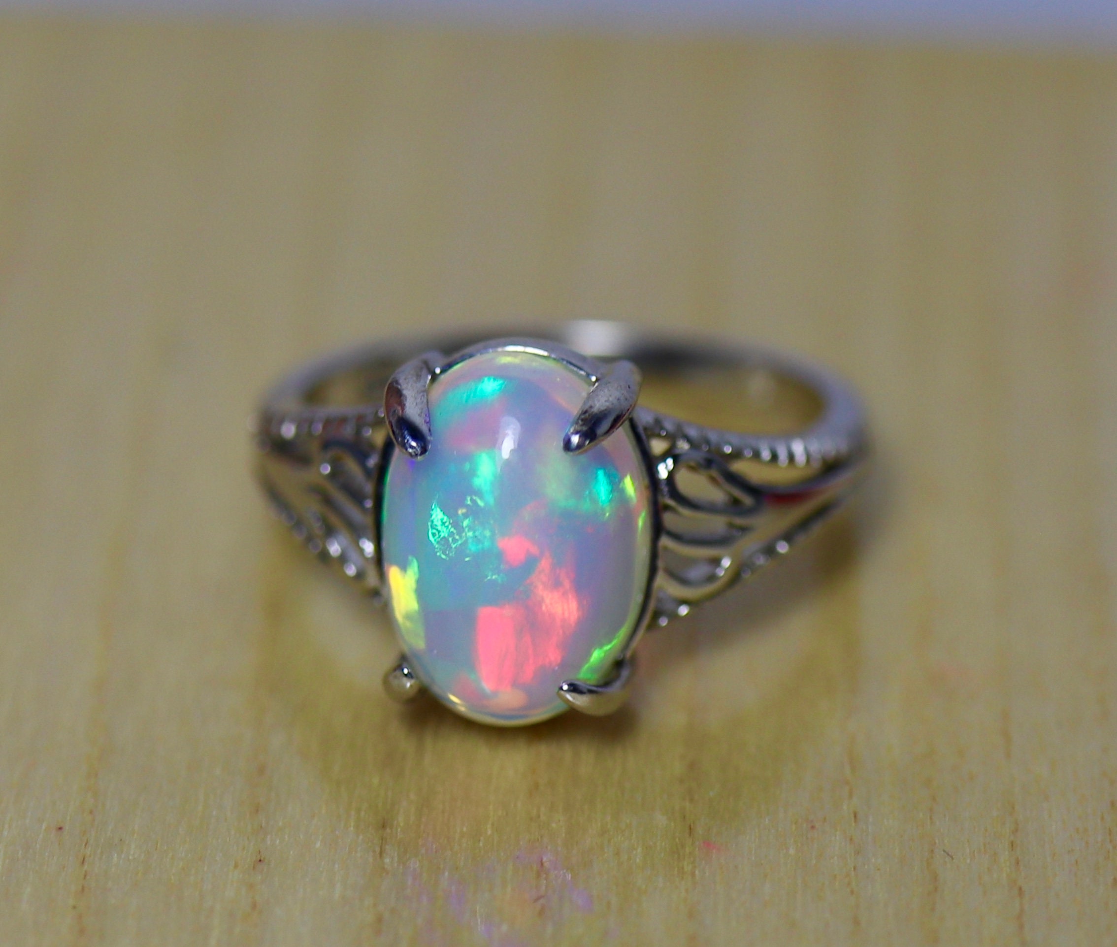 Natural fire opal ring, rainbow fire opal, opal rings, opal cabochon