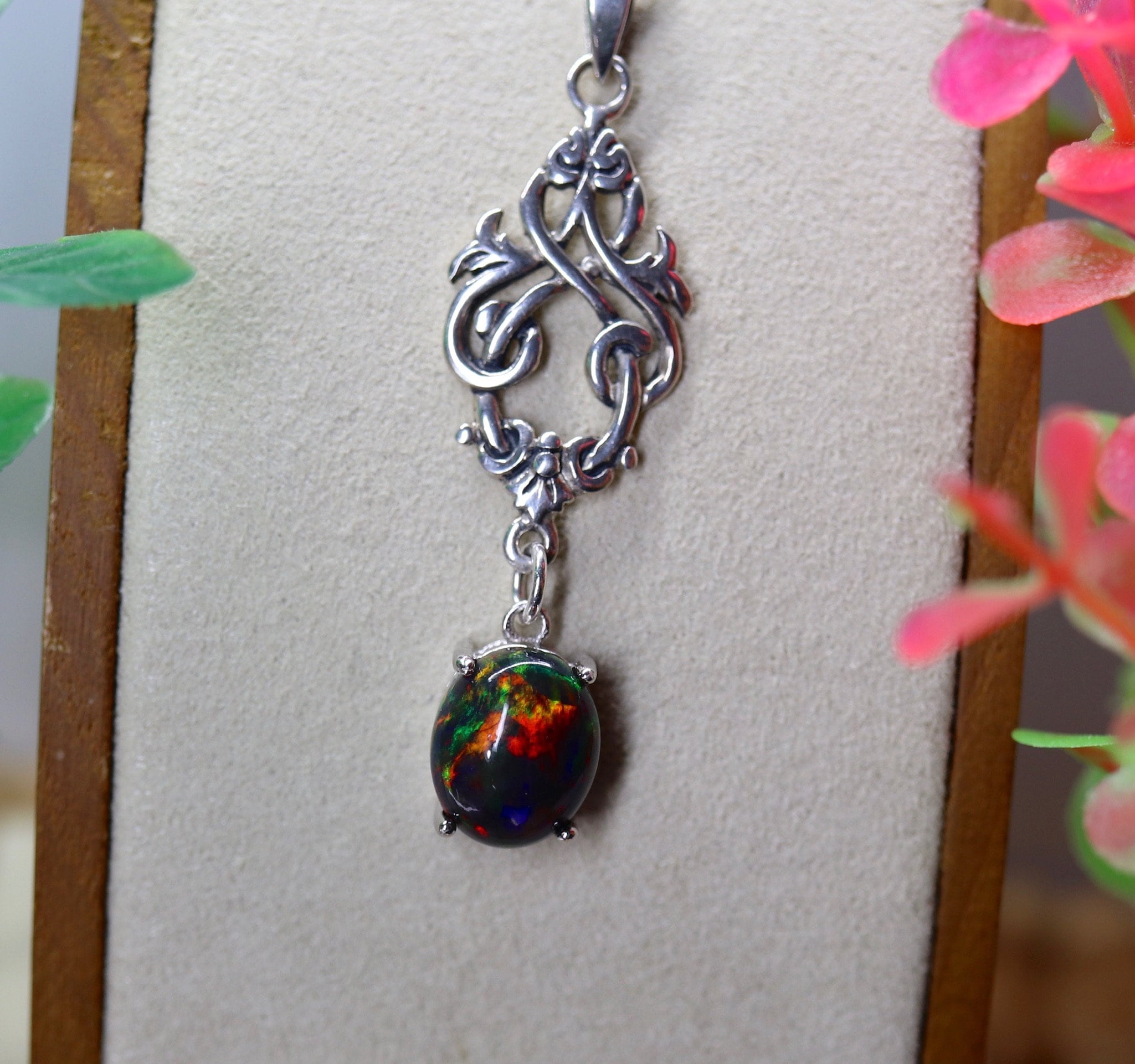 Black Opal Necklace Fire Opal Pendant Victorian Style Rare Black Opal 10th Anniversary Gift Black Opal Gift Natural Black Opal Black Opal Necklace Fire Opal Pendant Victorian Style Rare Black Opal 10th Anniversary Gift Black Opal Gift Natural Black Opal