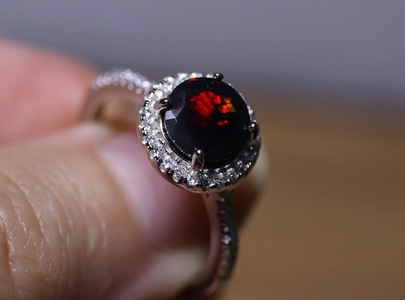 Black opal bridal set opal halo ring opal engagement ring