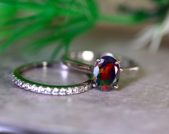 Black Opal White Gold Bridal set with Half Eternity Art Deco Wedding Band/Oval Gold Solitaire/Black Opal Gold Engagement Ring/Solid 14k Gold