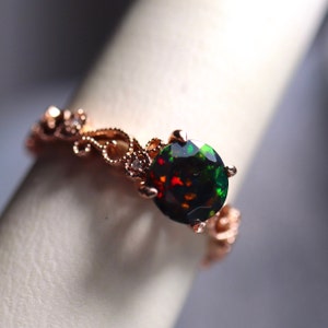 Rose gold engagement ring with Natural Black Fire Opal in Art Deco Ring Set, Diamond Wedding Band - Unique 14k Solid Gold Bridal Jewelry Set