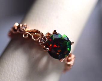 Rose gold engagement ring with Natural Black Fire Opal in Art Deco Ring Set, Diamond Wedding Band - Unique 14k Solid Gold Bridal Jewelry Set