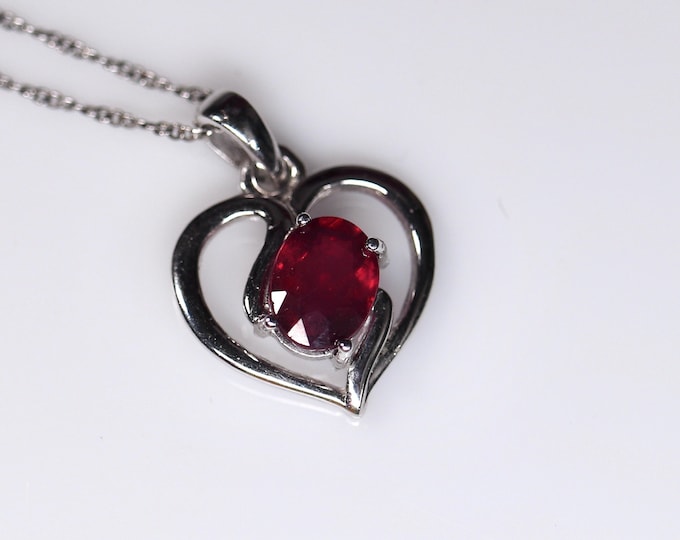 Genuine ruby pendant, Heart-shaped ruby, one of a kind design, romantic gift, necklace for her, rhodium plated, last minute gift, ships fast