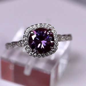 Purple moissanite ring, cushion halo ring, unique wedding ring, 925 sterling silver, round brilliant cut, wedding band, diamond paved ring