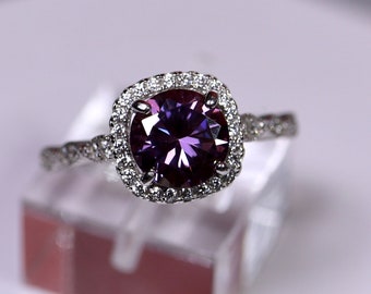 Purple moissanite ring, cushion halo ring, unique wedding ring, 925 sterling silver, round brilliant cut, wedding band, diamond paved ring