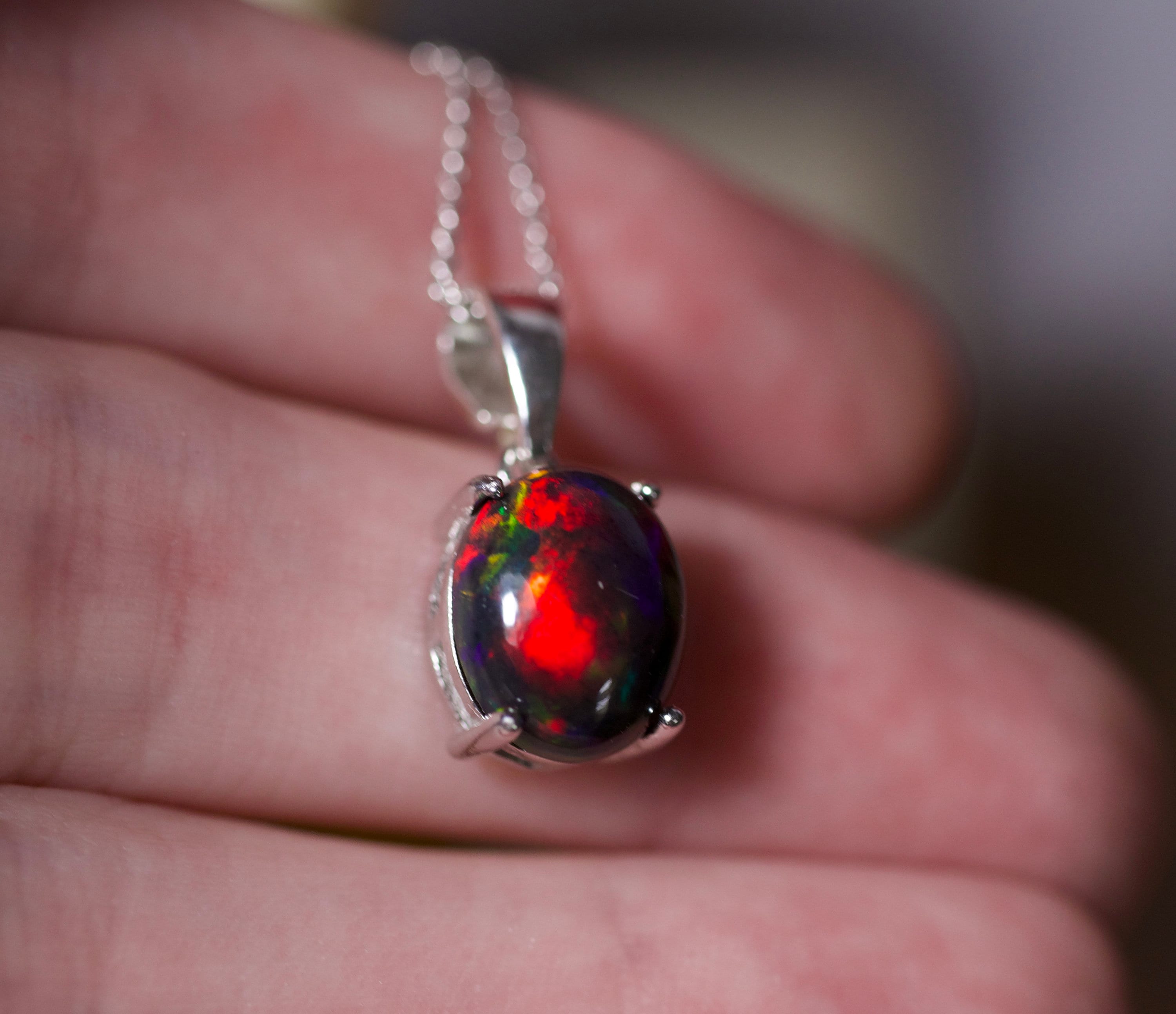 Black opal necklace, fire opal pendant, solid black opal, silver opal ...