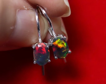 Black opal drop earrings, fire opal earrings, natural black opal, rare opal earrings, red fire opal, birthday gift, October birthstone, opal
