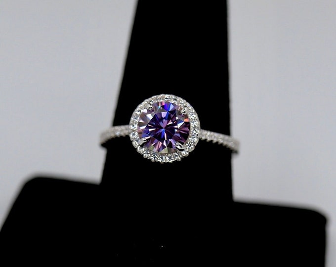 Moissanite Bridal Ring Set in Sterling silver Simulated diamonds Pave Band/Halo Moissanite Engagement Ring/Purple Stone Ring/wedding band