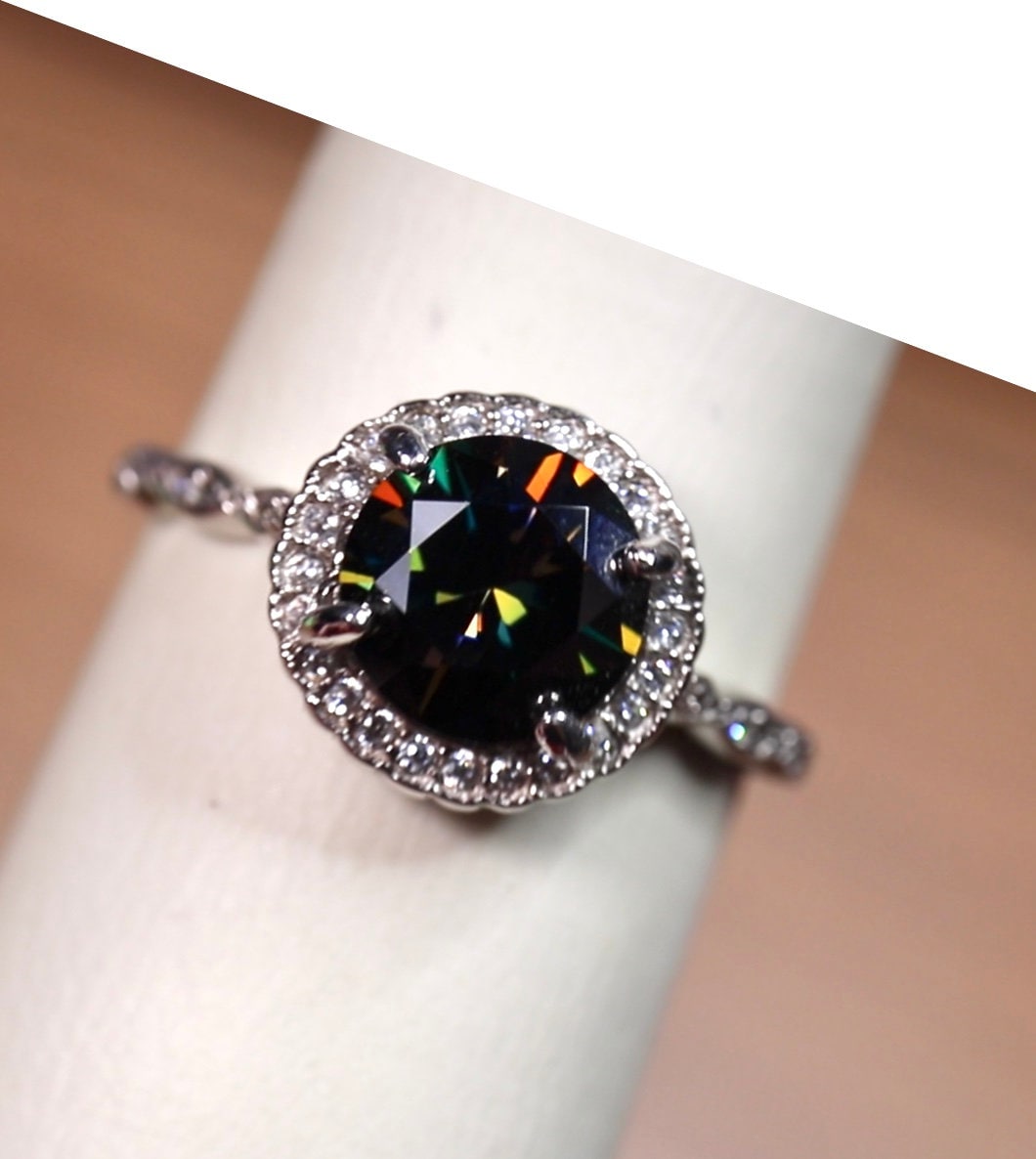 Black moissanite ring silver engagement style halo bridal set