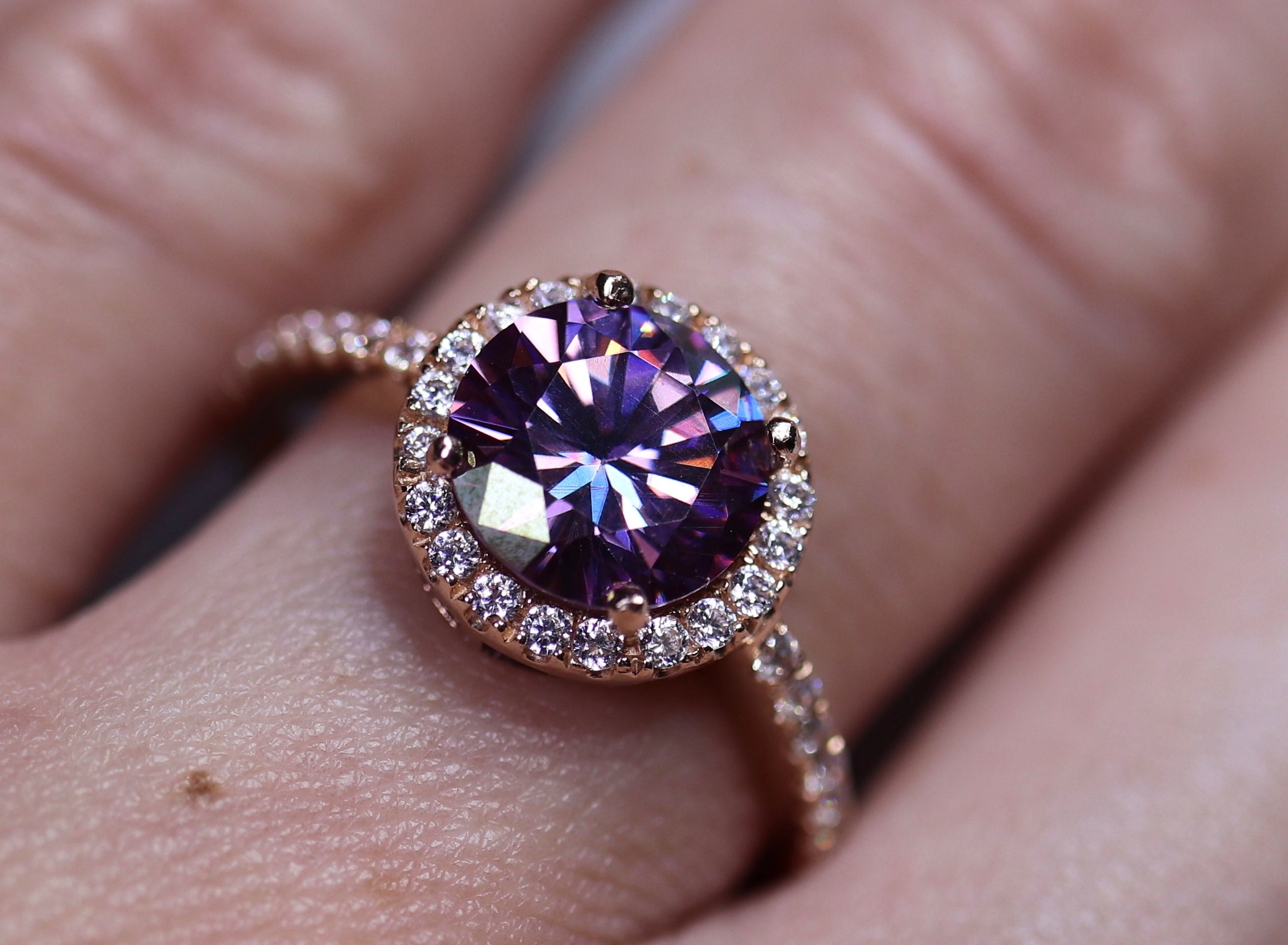 Purple moissanite, moissanite ring, halo engagement ring, special