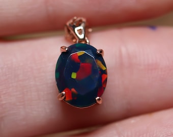Harlequin Fire pattern Rose Gold Opal Necklace: Genuine Black Fire Opal 10x8mm Oval Gemstone in solid 14K Gold Solitaire pendant w 18” chain