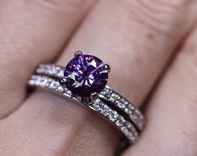 Purple moissanite, bridal set, moissanite ring, engagement rings, 925 sterling silver, moissanite ring set, wedding ring, unique ring