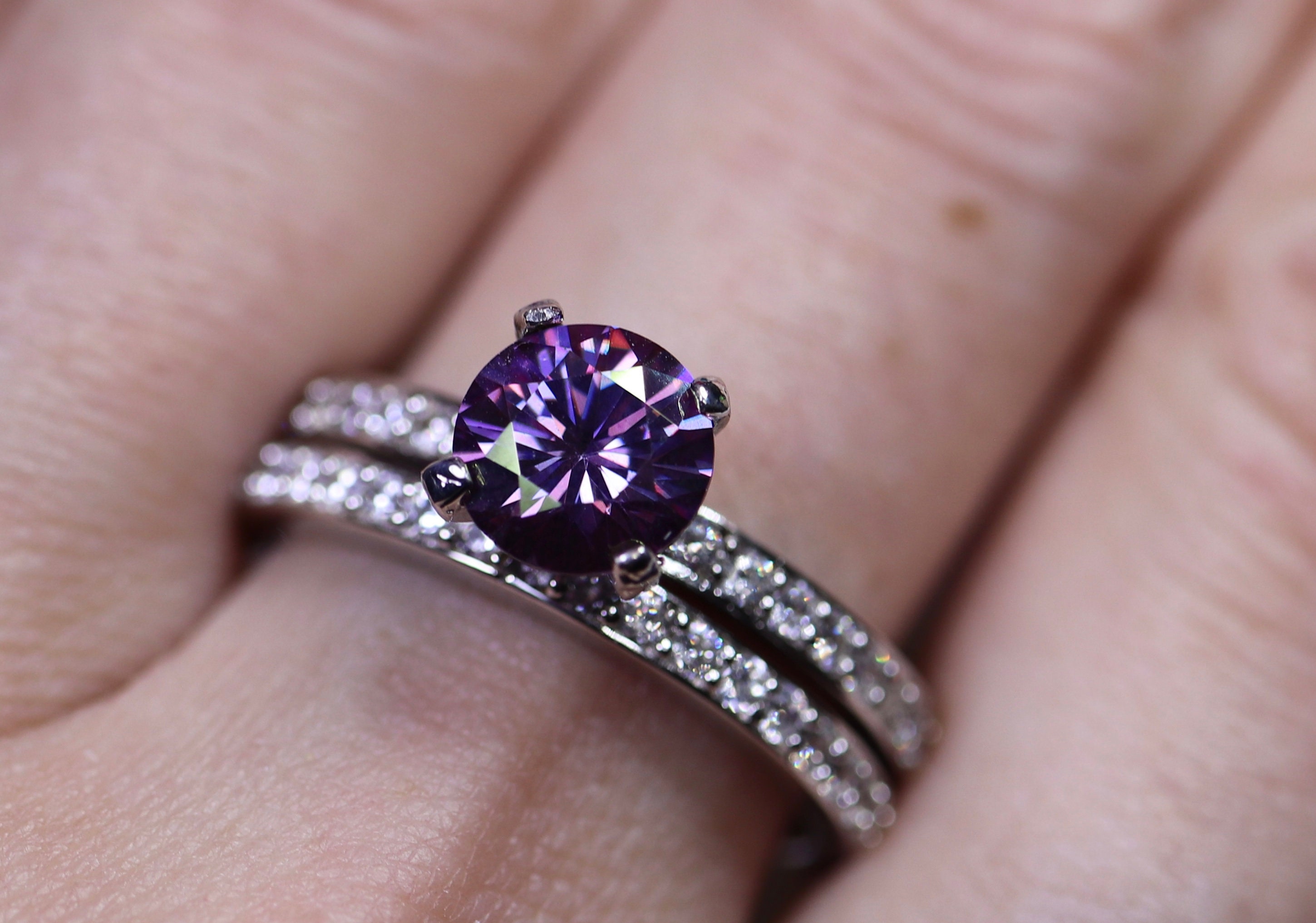 Purple moissanite, bridal set, moissanite ring, engagement rings, 925  sterling silver, moissanite ring set, wedding ring, unique ring