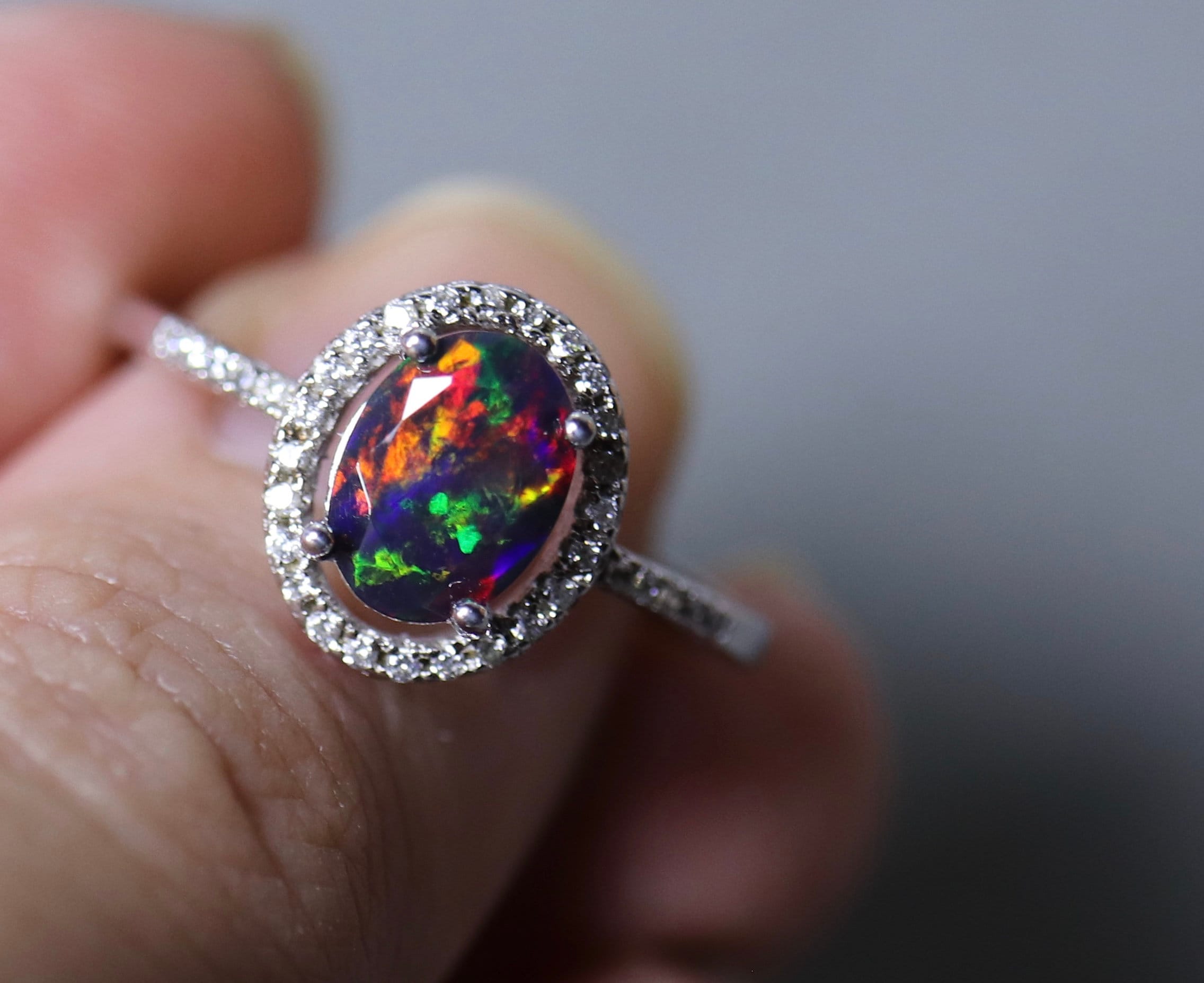 Black opal halo ring, black fire opal ring, opal bridal ring, black ...