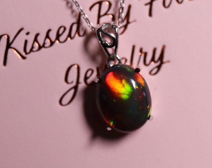 Black Fire Opal 14k Gold Necklace Handcrafted with a Natural Fire Opal Gemstone/Dainty Opal Necklace, birthstone jewelry gift for wife