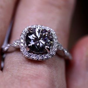 Gray Moissanite Engagement Ring - Wedding Ring Set in 925 Sterling Silver with Half Eternity Band paved with Diamonds - Art Deco Bridal Set