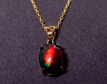 Ethiopian Black Opal Necklace, 14k White Gold, Red Fire Opal