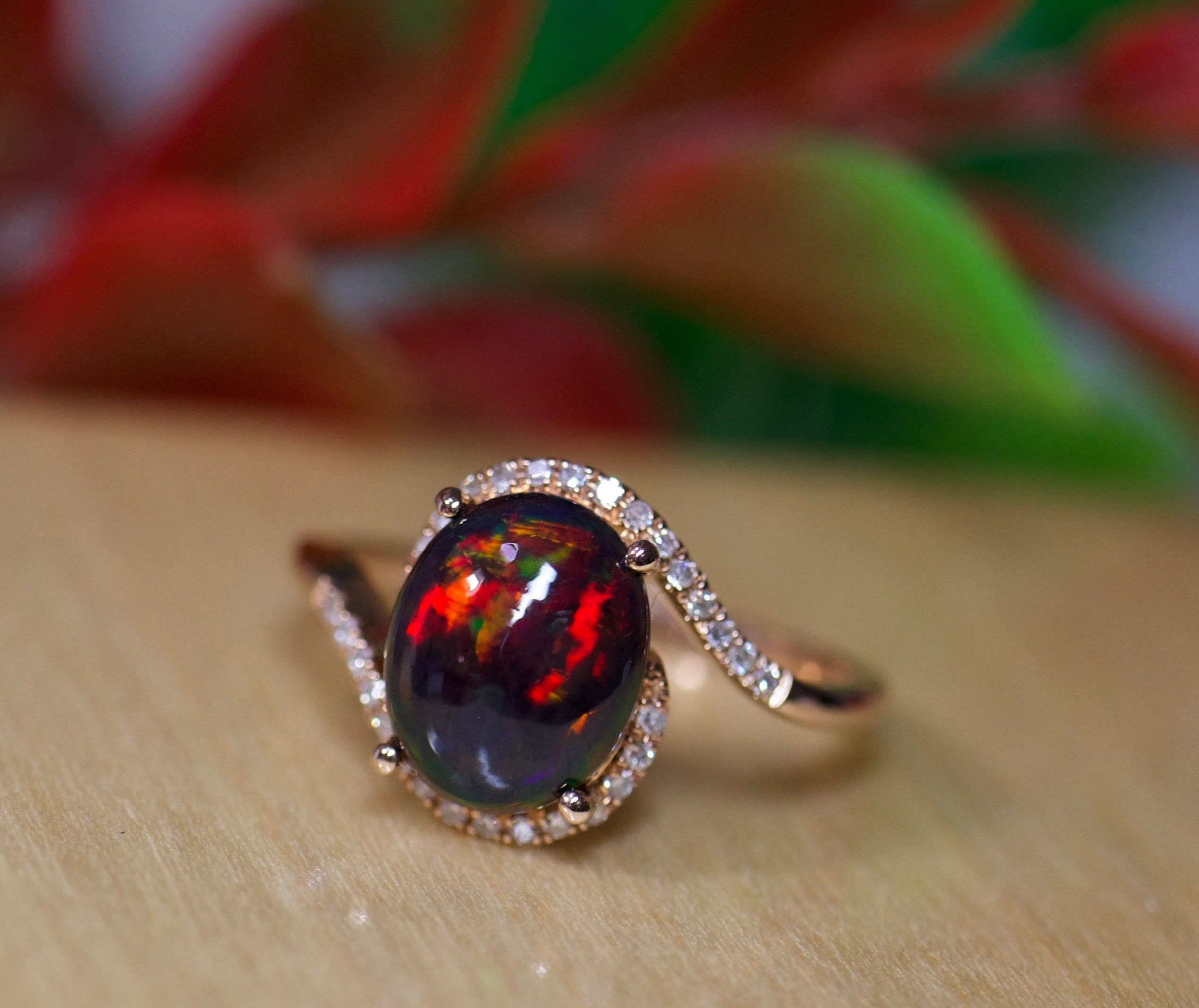 Black fire opal ring, rare black opal, 14k gold black opal
