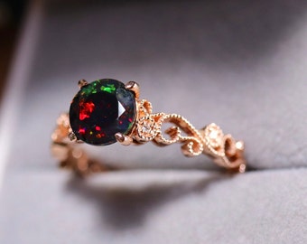 Rose gold engagement ring with Natural Black Fire Opal in Art Deco Ring Set, Diamond Wedding Band - Unique 14k Solid Gold Bridal Jewelry Set