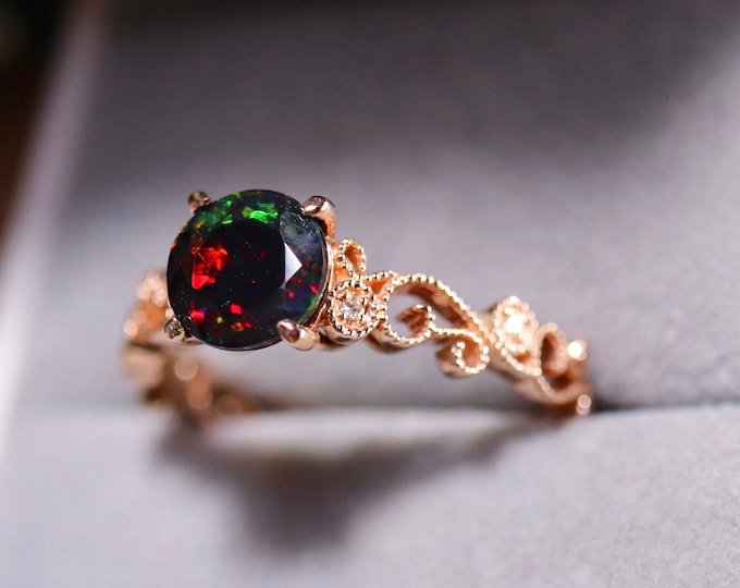 Rose gold engagement ring with Natural Black Fire Opal in Art Deco Ring Set, Diamond Wedding Band - Unique 14k Solid Gold Bridal Jewelry Set