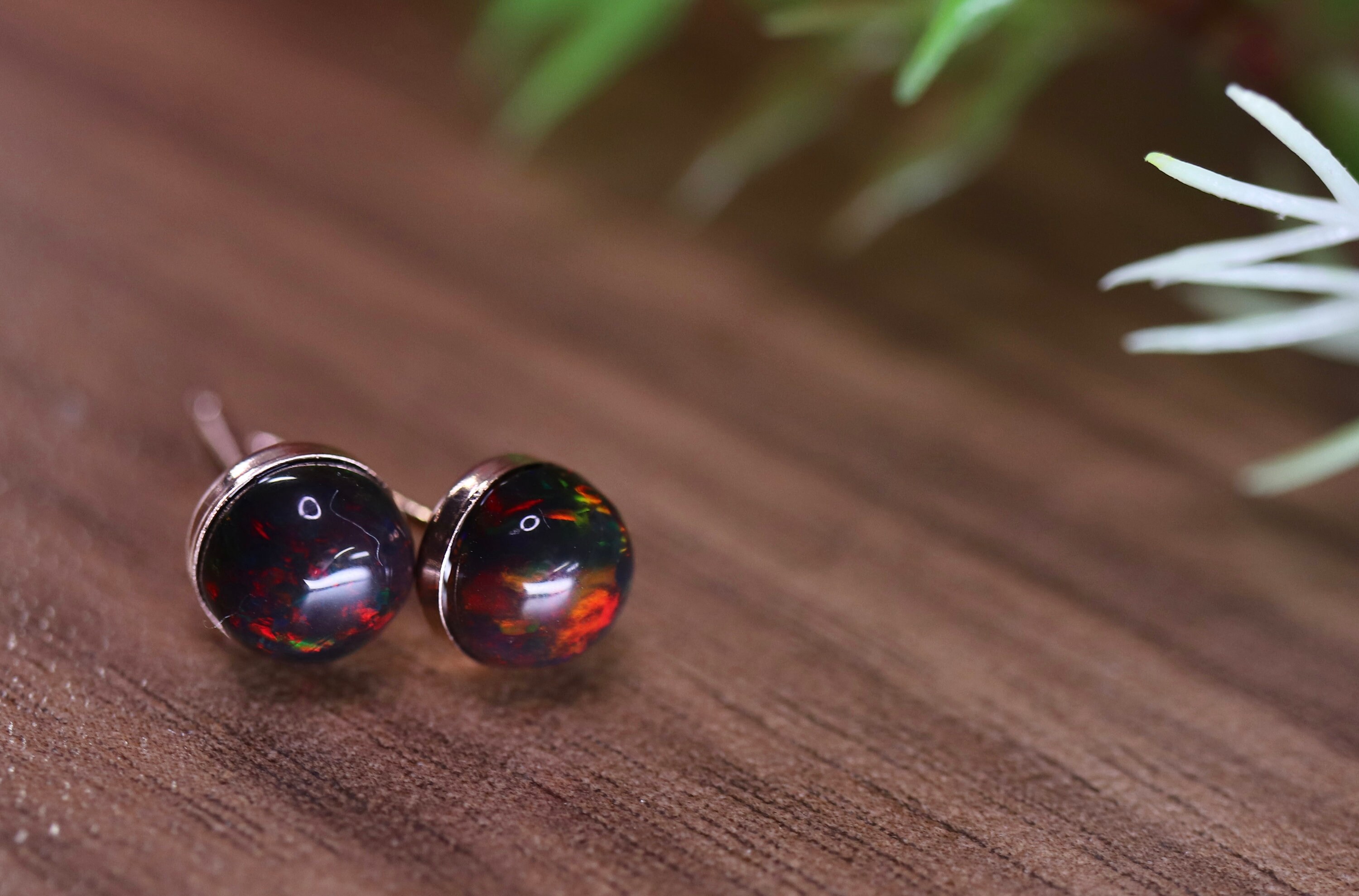 Black fire studs best round opals silver opal earrings bezel