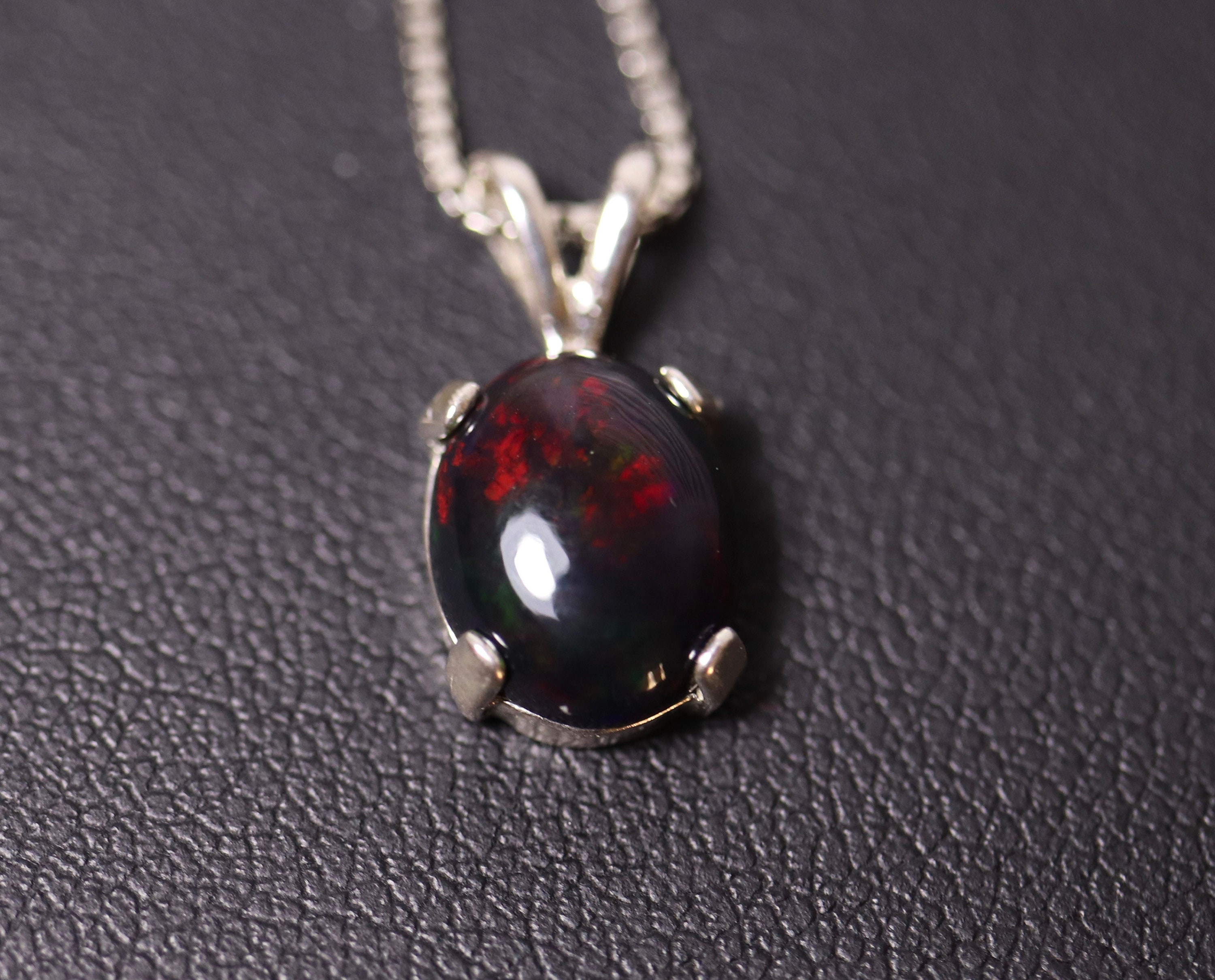 Natural black fire opal, black opal necklace, fire opal pendant, 925 ...