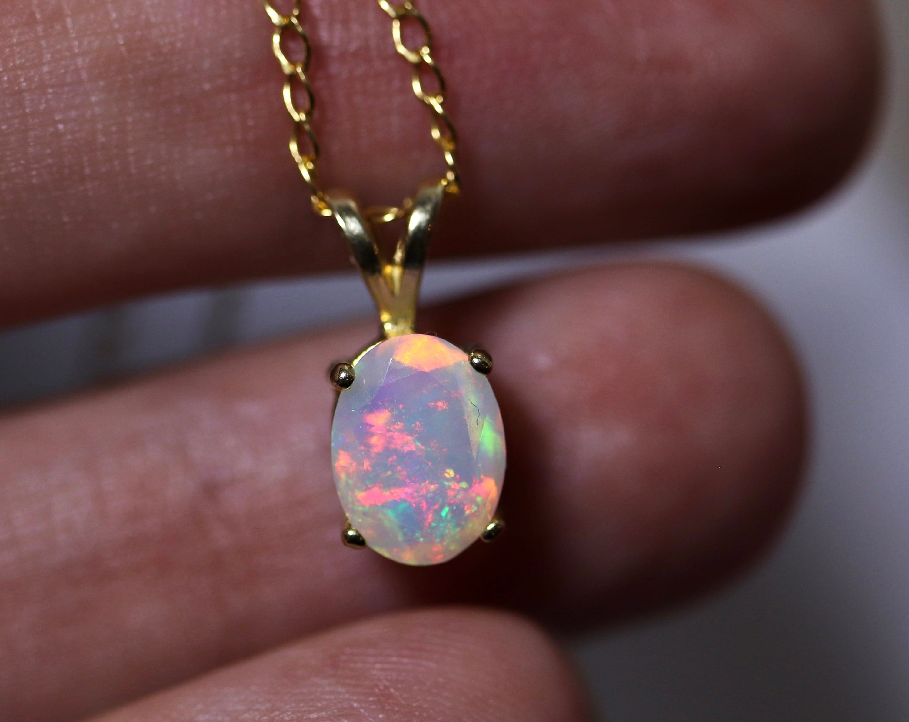 Natural opal pendant, fire opal necklace, rainbow opal, birthstone ...