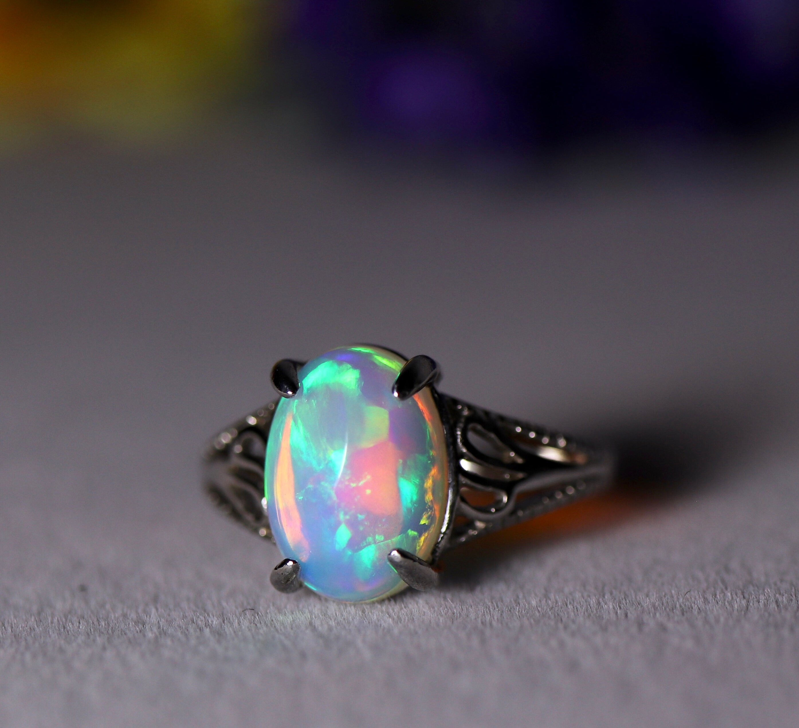 Natural fire opal ring, rainbow fire opal, opal rings, opal cabochon