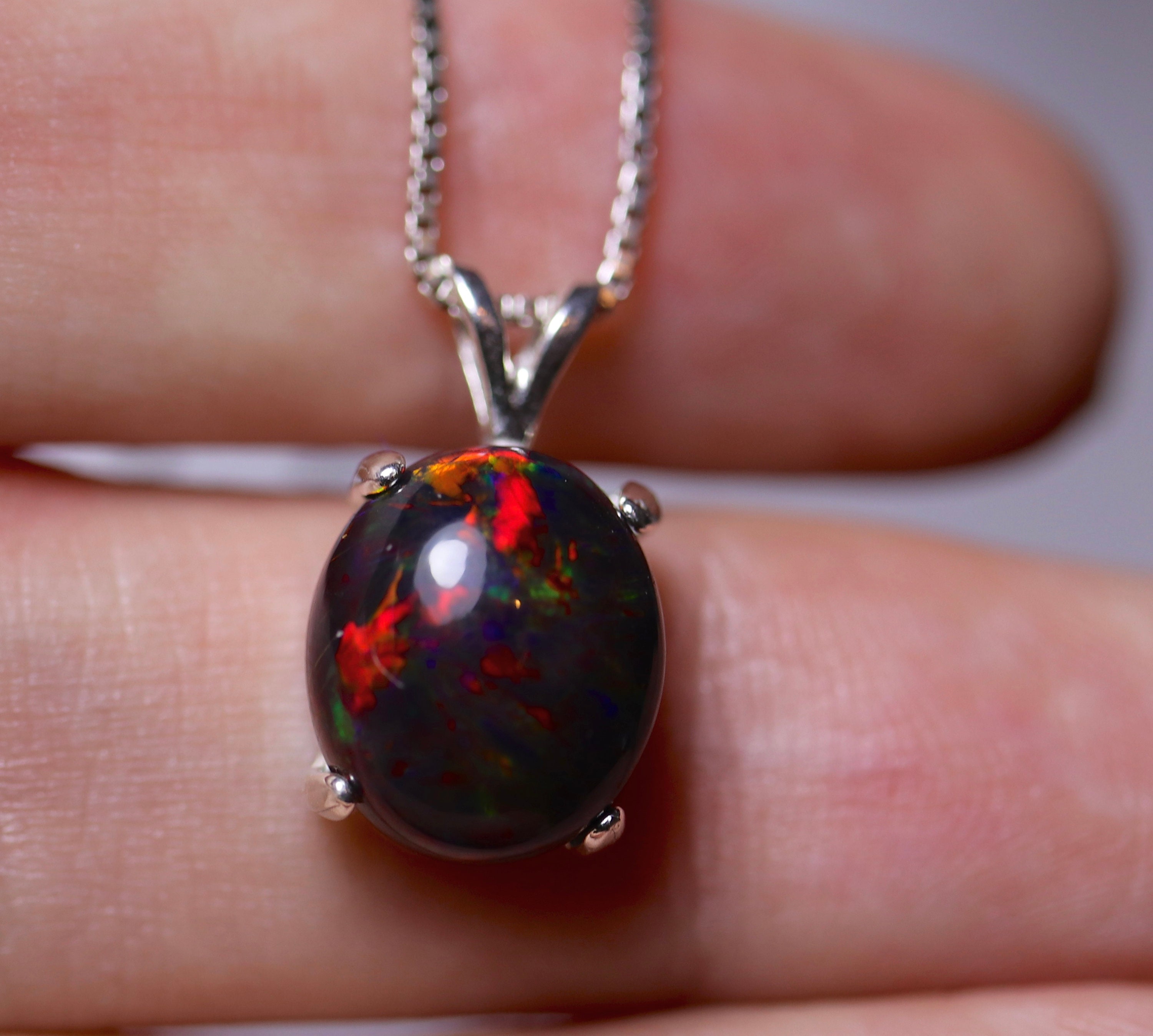 Black opal necklace, fire opal pendant, solid black opal, silver opal