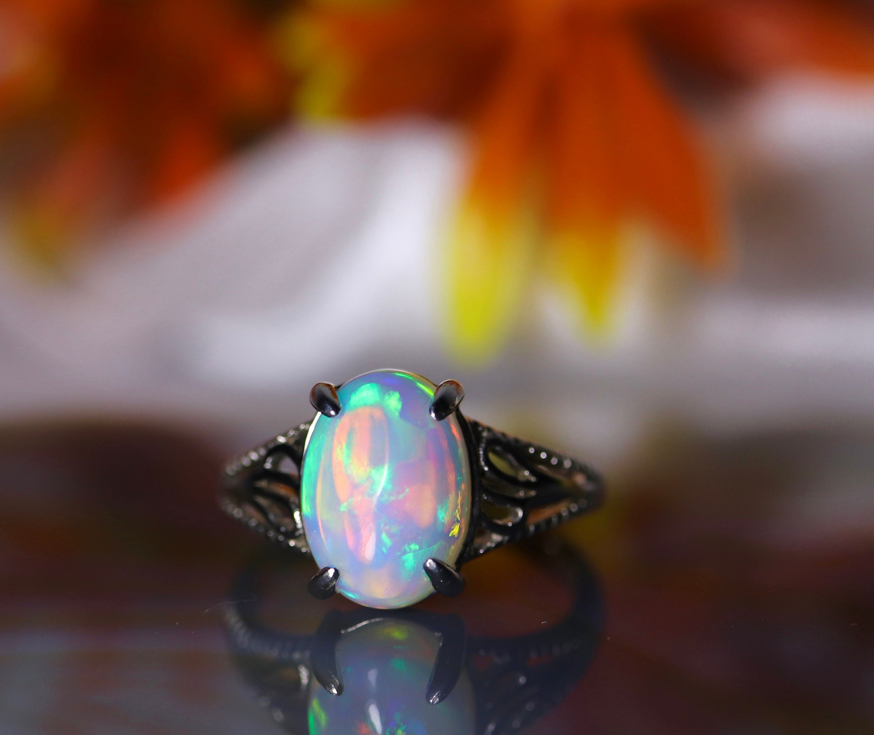 Natural fire opal ring, rainbow fire opal, opal rings, opal cabochon ...