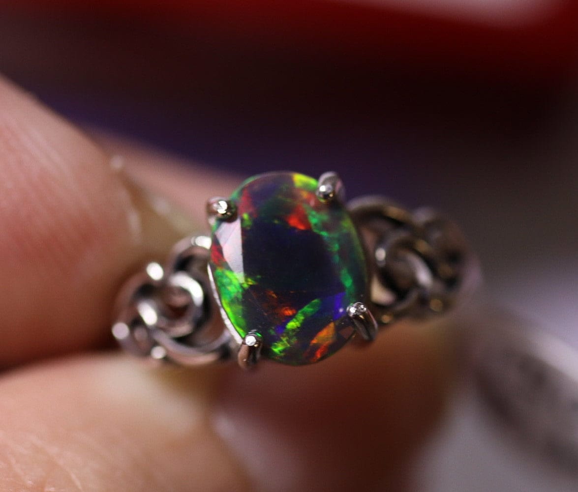 Black opal ring, anniversary ring, fire opal ring, natural black opal ...