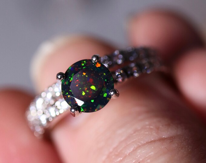 Extraordinary rare ring, Black fire opal set, classic silver band, simulated diamond paved, natural opal ring, unique gemstone ring