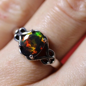 Celtic opal ring, black fire opal, silver opal ring, Celtic knot design, genuine fire opal, anniversary gift, birthday gift, Celtic jewelry