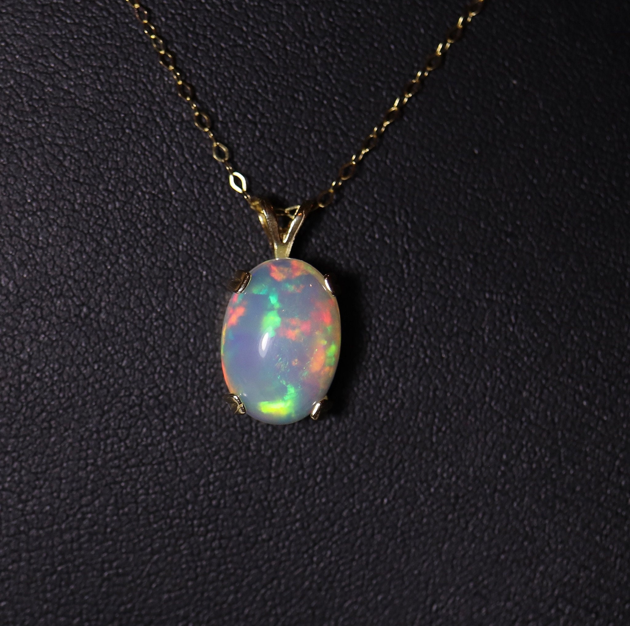 Large opal pendant, gold opal necklace, natural opal, rainbow fire opal ...