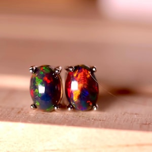 Fire Opal Stud Earrings Handmade with real black opal gemstones in red and green fire/simple opal studs/minimalist opal earrings/black opal