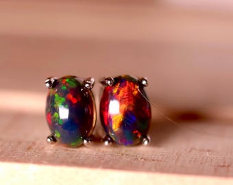 Fire Opal Stud Earrings Handmade with real black opal gemstones in red and green fire/simple opal studs/minimalist opal earrings/black opal