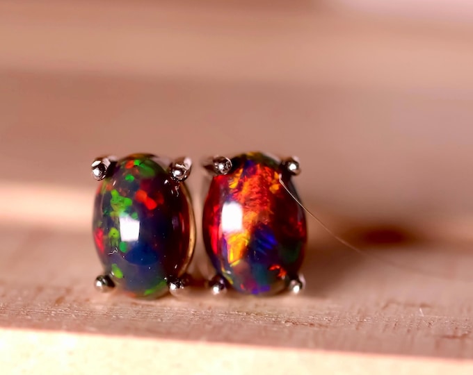 Fire Opal Stud Earrings Handmade with real black opal gemstones in red and green fire/simple opal studs/minimalist opal earrings/black opal