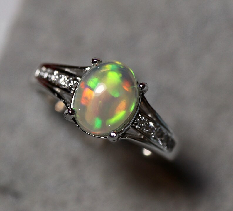 Glowing green fire opal ring anniversary gift custom wedding ring elegant opal ring original design rings silver opal engagement ring