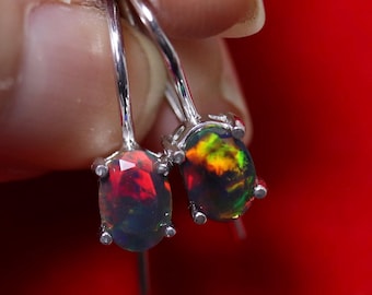 Black opal drop earrings in Sterling Silver with white gold finish, Genuine Black Opal Gemstone, Gold filled earrings opal, dainty earrings