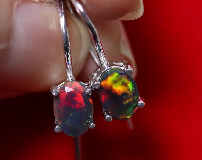 Black opal drop earrings in Sterling Silver with white gold finish, Genuine Black Opal Gemstone, Gold filled earrings opal, dainty earrings