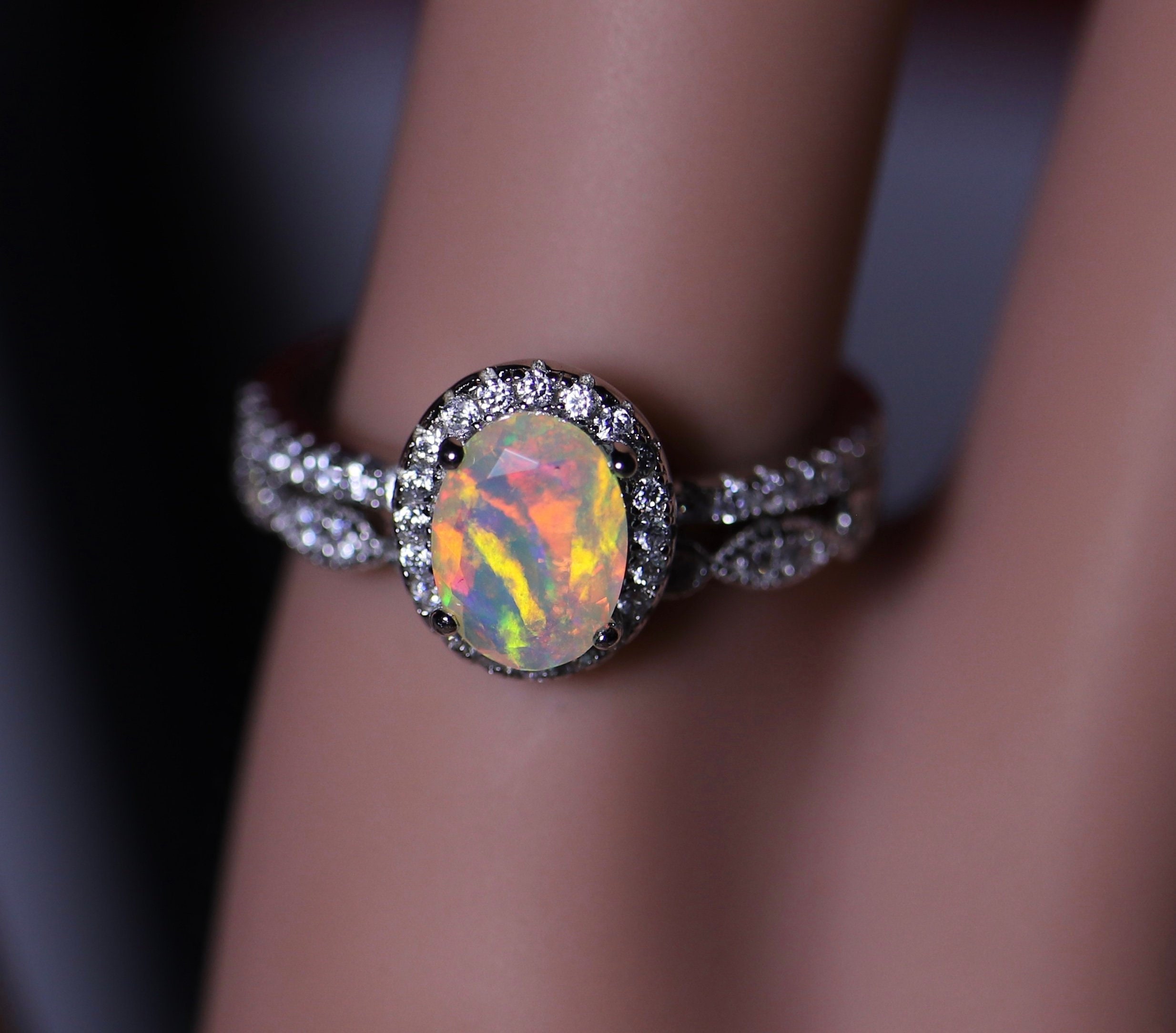 Oval halo opal  ring  bridal  set white opal  ring  