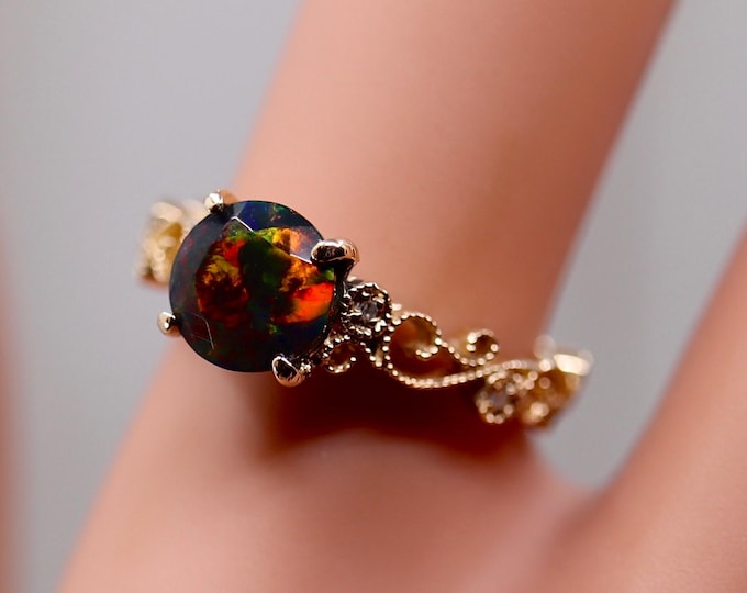 Genuine Black Fire Opal Engagement Ring in Solid Gold, Natural Diamond Unique Wedding Ring - Artisan Fire Opal Handcrafted Bridal Set