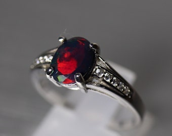 Black fire opal ring, opal engagement ring, red fire black opal, silver opal ring, natural fire opal Jewelry, anniversary ring, opal rings