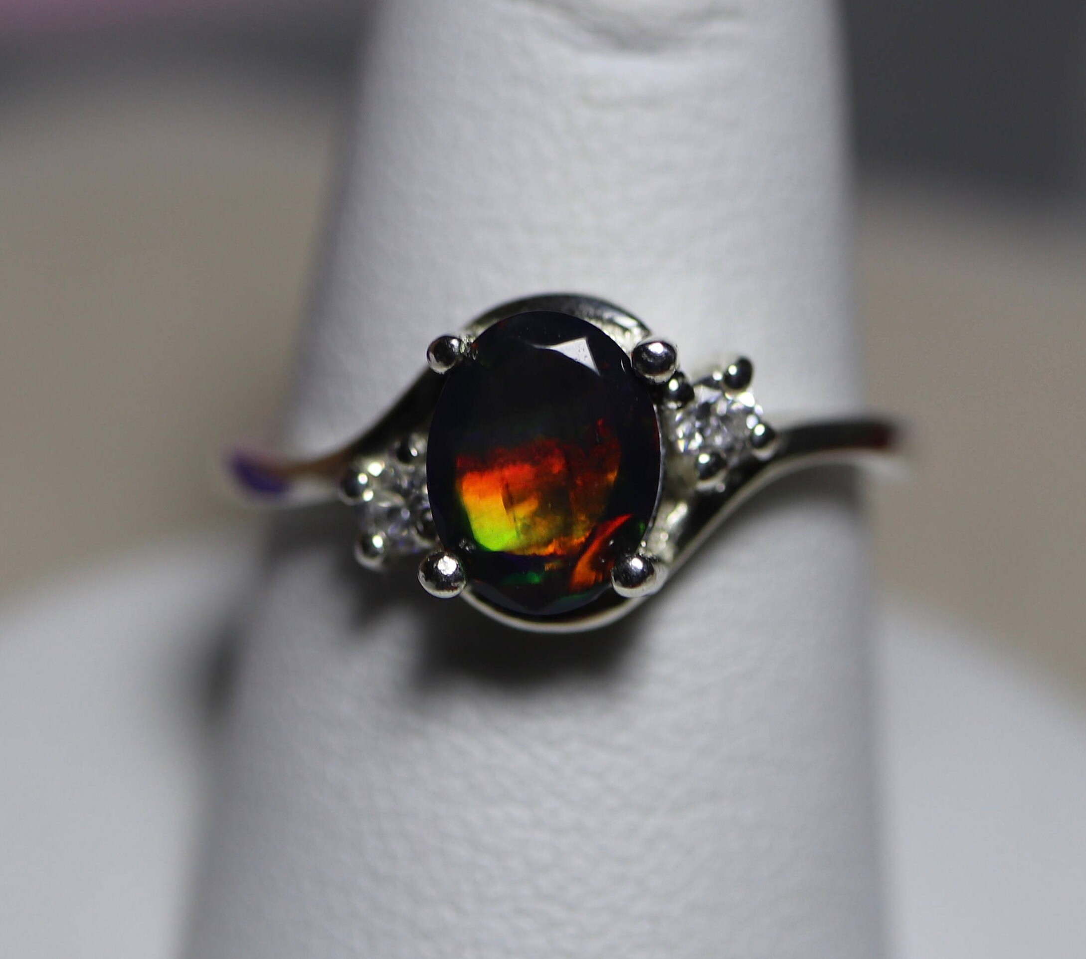 Black Opal ring, MIXED fire colors AAA fire opal, CZ accented setting