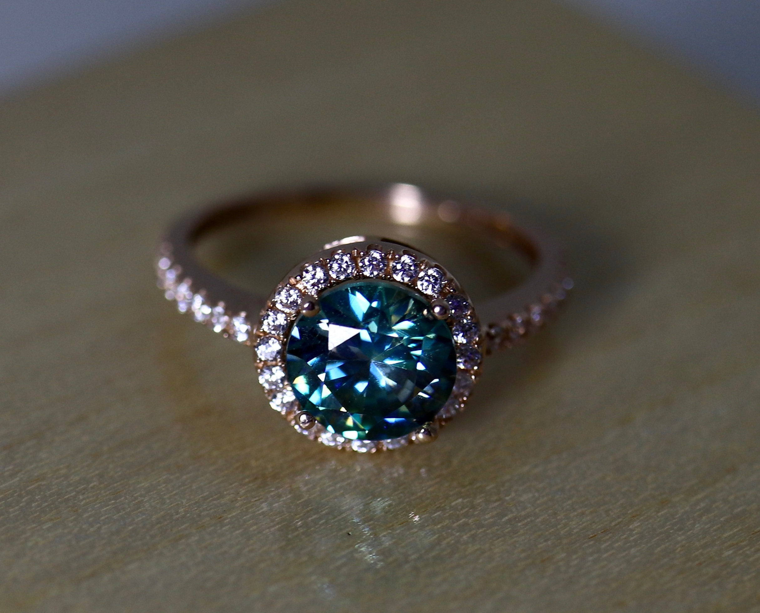Round moissanite ring halo gold ring blue moissanite | Etsy