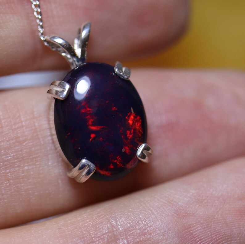 Black Fire Opal Necklace Pendant Natural Cabochon Ethiopian Large Jewelry
