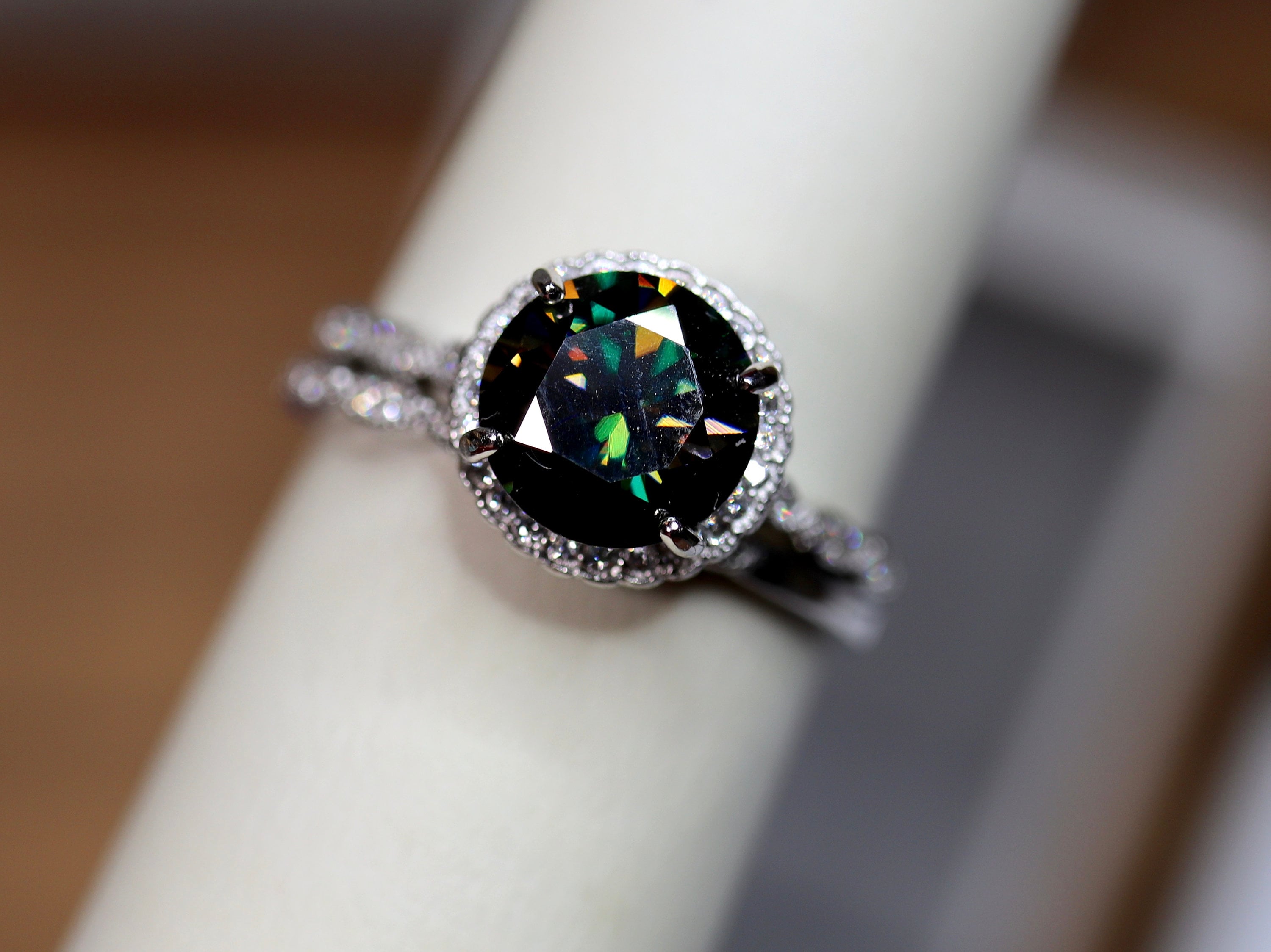 Black moissanite ring, silver engagement style , halo bridal set, white